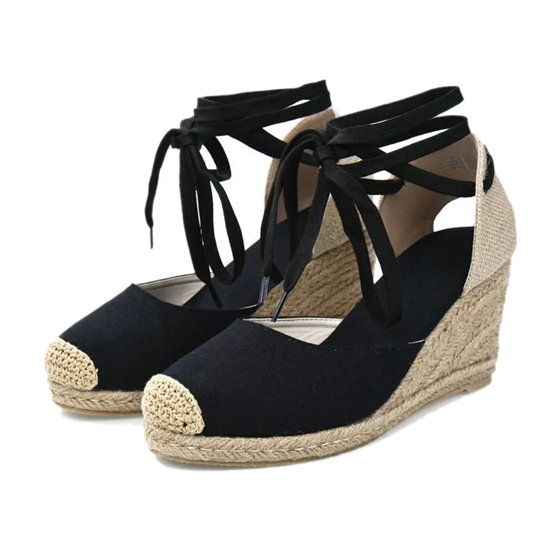 Women Ankle Strap Espadrilles Wedge Sandals 2018 Summer Canvas High Heel Fashion Lace up Women Platform Wedge Sandals Large Size (16) - 