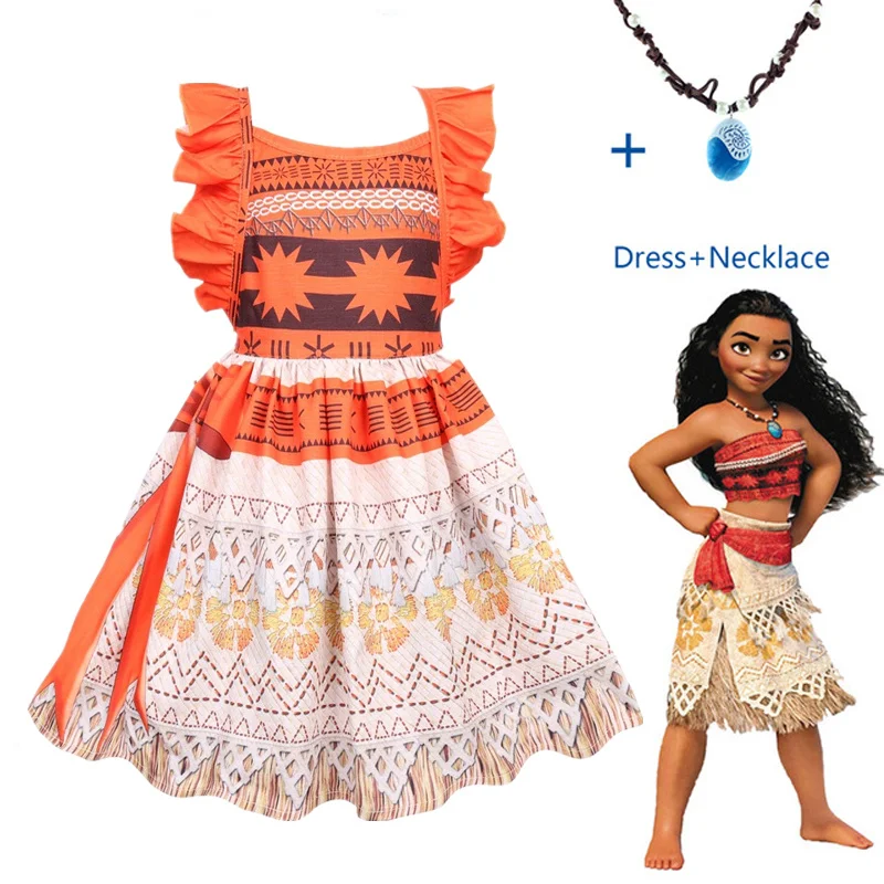 

New Princess Moana Cosplay Costume for Children Vaiana dress Costume with Necklace for Halloween Costumes for Kids Girls Gifts