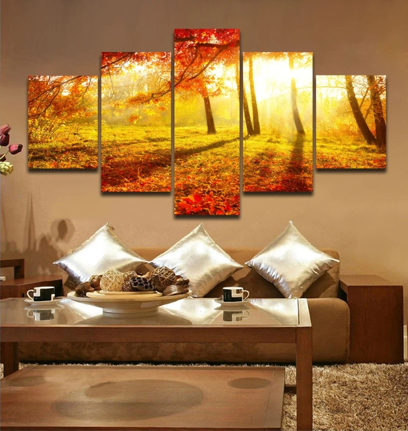 

Animal Framed 5 Panels Sunset In Forest Print Oil Painting Art Picture Home Living Room Wall Decor Canvas Artwork Ready To Hang