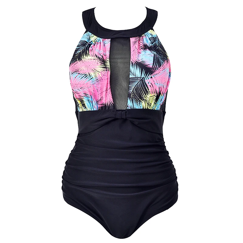 Women Floral Printed Plus Size One Piece Swimsuit 2018 Retro Large Size Lace Swimwear Bodysuit Full Coverage Halter Bathing Suit