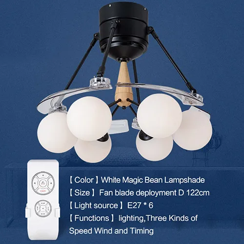 Стеклянный потолочный вентилятор для комнаты, потолочный вентилятор, светильник, пульт дистанционного управления, вентилятор, простой стиль, для ресторана, гостиной - Цвет лезвия: white magic bean