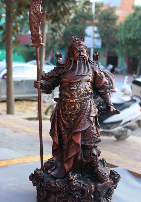 

14" Chinese Bronze Dragon Warrior GuanGong GuanYu Stand Dragon Hold Sword Statue