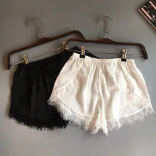 Женские Пижамные шорты размера плюс с эластичным поясом, белые, черные кружевные шорты, Повседневные трусики для женщин, костюм, сексуальное шелковое летнее ночное белье