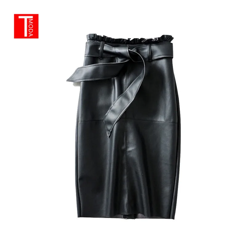 

2019 Summer Women Chic PU Leather Midi Skirt Faldas Mujer Paperbag Waist Sashes Back Zipper Split Female Casual Mid Calf Skirts