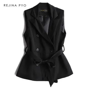 

BIAORUINA Women Fashion Black Double Breasted Vest Coat with Sashes Office Lady Sleeveless Jacket Turn-down Collar Spring Vest