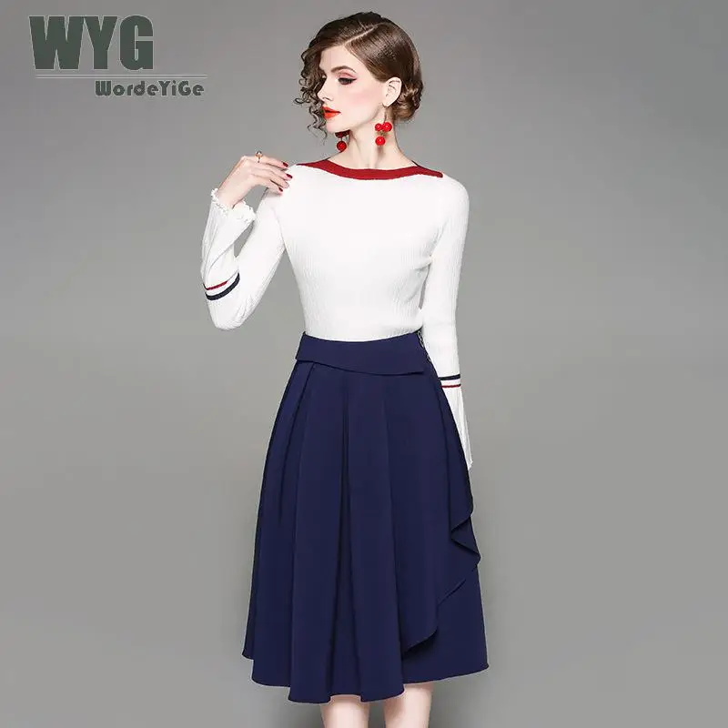 Aliexpress.com : Buy Elegant Two Piece Sweater Skirt Set 2018 Autumn Contrast White Long Sleeve 