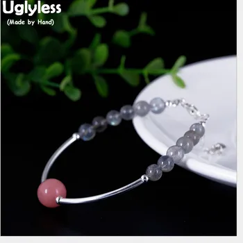 

Uglyless 100% Real 925 Sterling Silver Tube Bracelets for Women Moonstones Beading Bracelet Strawberry Quartz Ball Bangles Jewel