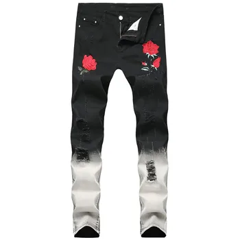 

2019 New Black Small feet Men's pants Rose Hole Men's jeans tide Original Design Elastic Straight trousers More Size 28-40 42