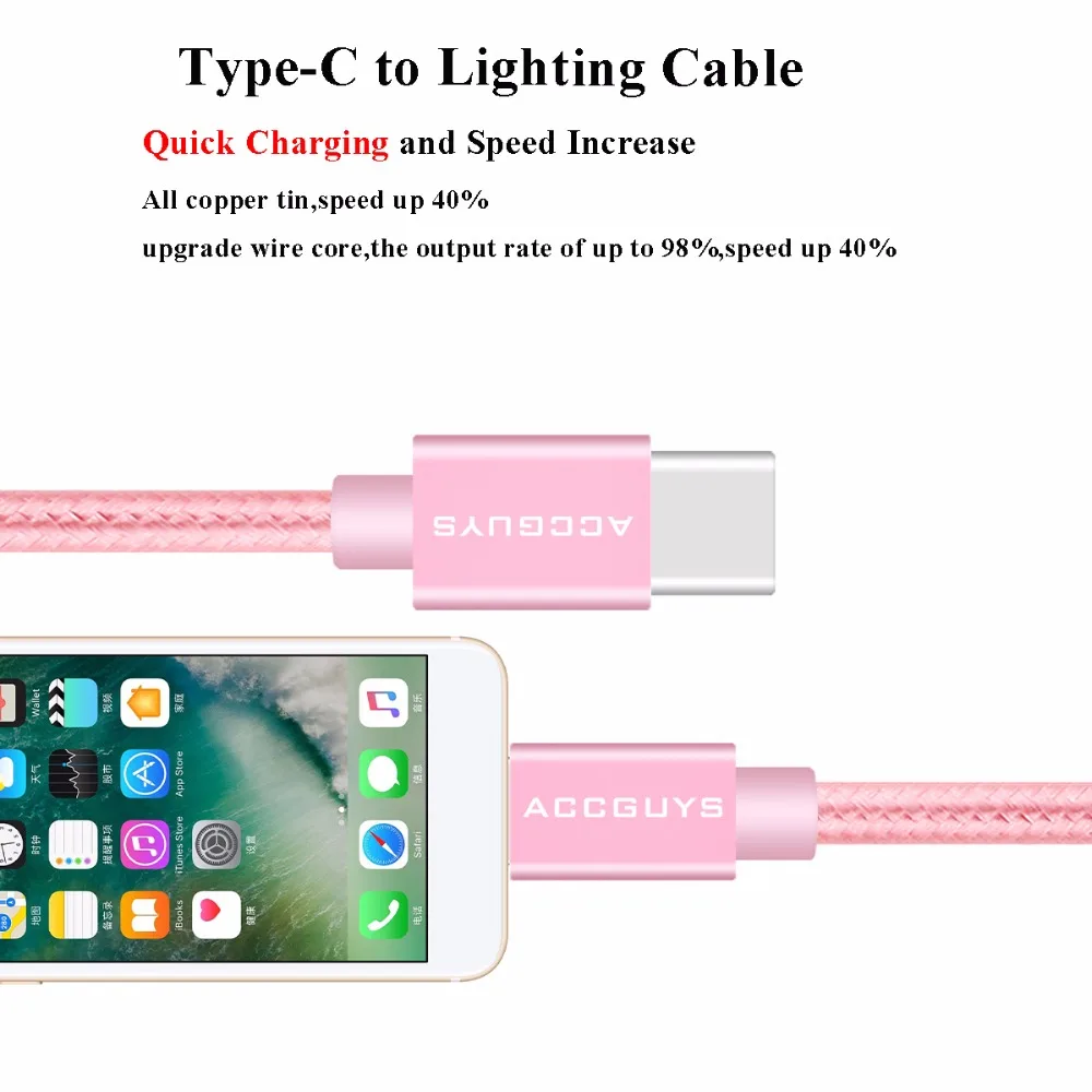 ACCGUYS для Macbook Type C освещения 2.4A USB Кабель зарядного устройства iphone 7 8 X usb c кабель