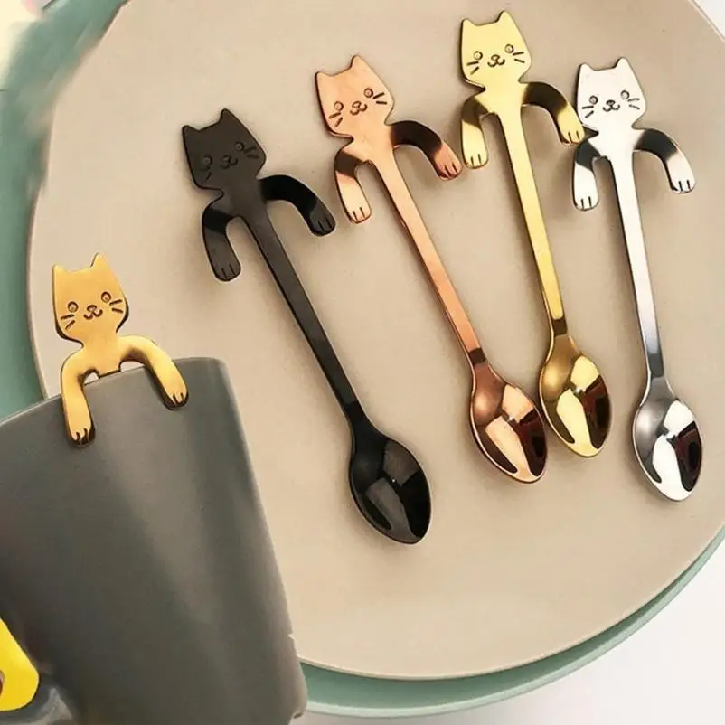4PCS stainless steel Cute Cat Spoon Long Handle Spoons Flatware Coffee