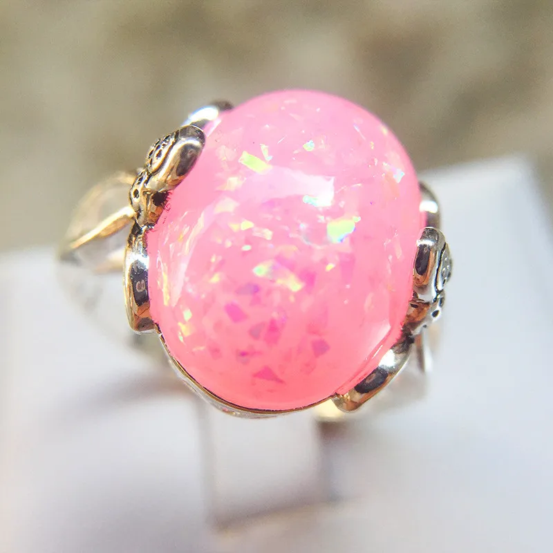 Великолепное мужское женское кольцо с большим белым/розовым/голубым опалом, модное обручальное кольцо из серебра 925 пробы, роскошные обручальные кольца для мужчин и женщин - Цвет основного камня: Розовый