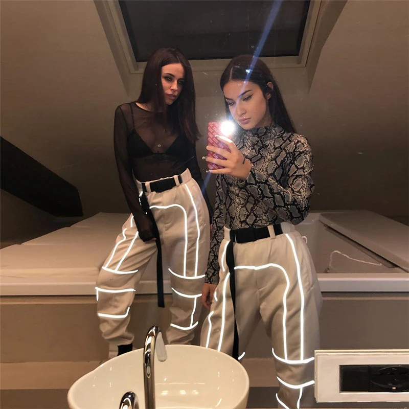 ZYFPGS 2019 Anti-light strip Pants Women's Pants Hip Hop 3D reflective fabric splice Loose Plus Size Personality design Fitness ZYFPGS 2019 Anti-light strip Pants Women's Pants Hip Hop 3D reflective fabric splice Loose Plus Size Personality design Fitness