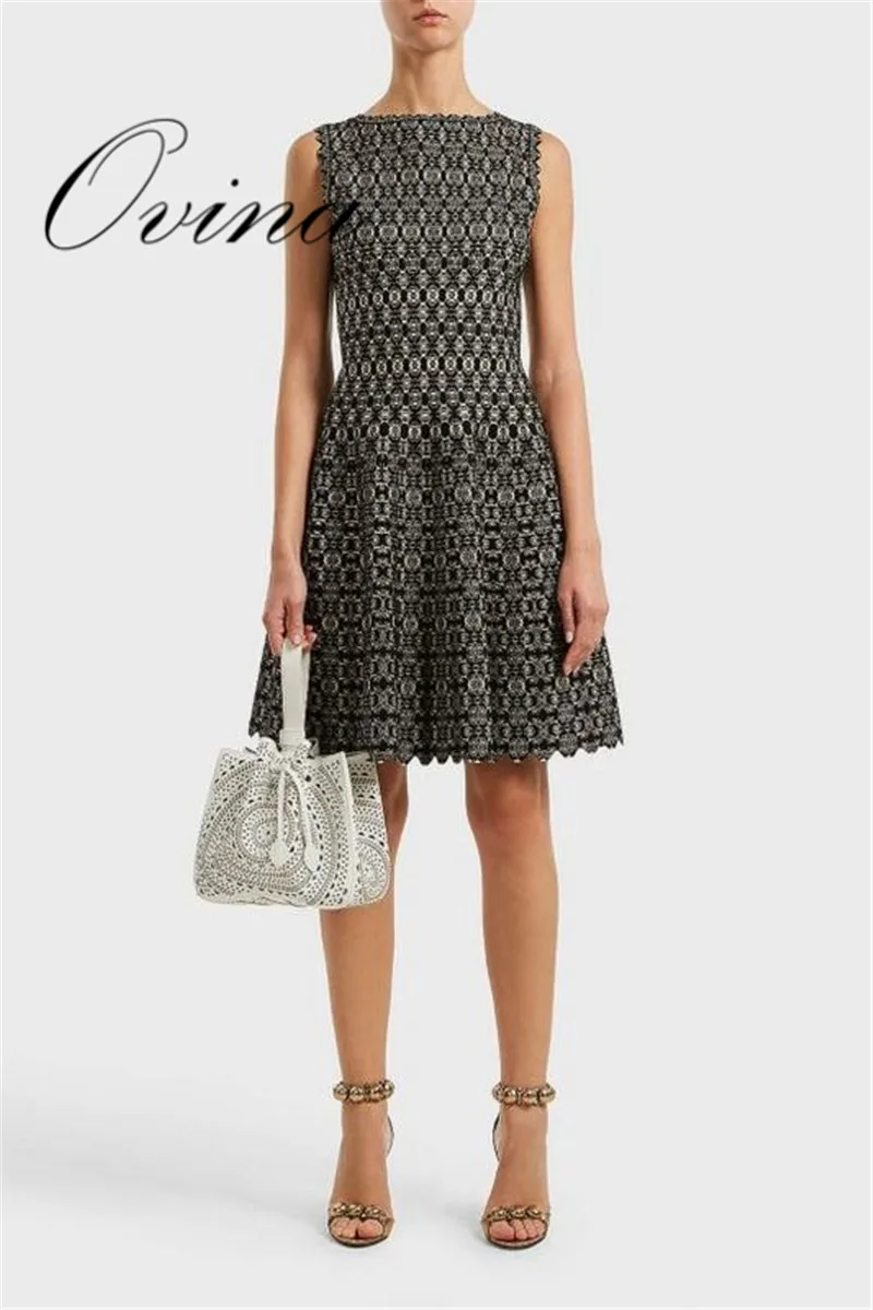 

Top Quality Celebrity Black Jacquard Sleeveless O Neck A Line Rayon Bodycon Bandage Dress Women Dress