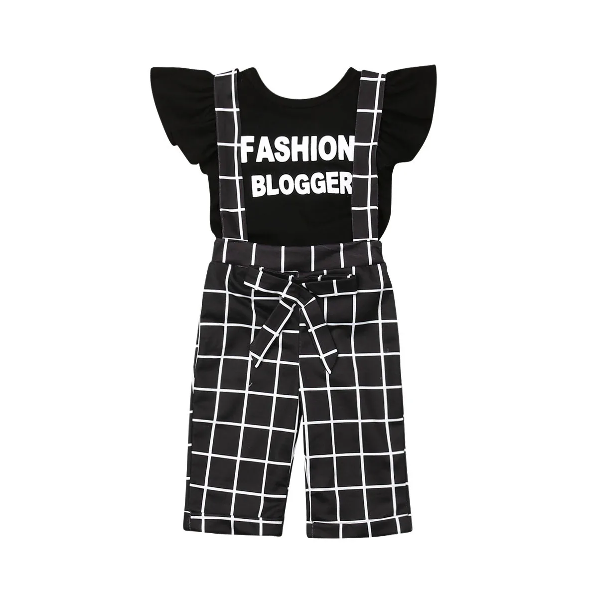 

2PCS Toddler Baby Girls Clothes Sets Letter Print T-shirt Tops+Plaid Pants Overalls Outfits Clothes 1-6Y