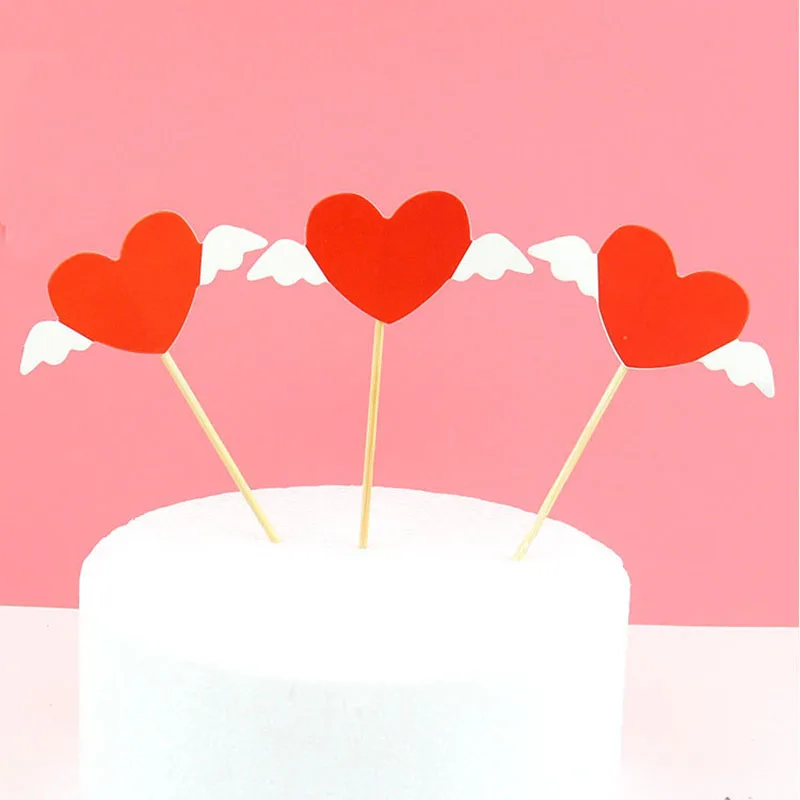 

6Pcs Lovely Heart Cupcake Toppers Wing Birthday Cakes Topper Picks Kids Birthday/Wedding Party Decoration Baby Shower Favors