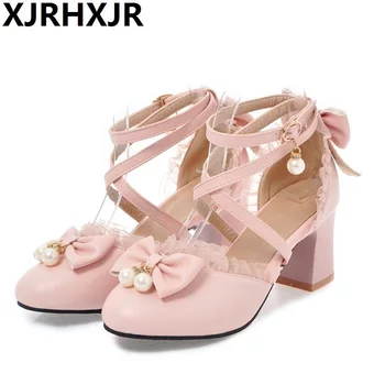 

XJRHXJR High Heels 2019 Women Lolita Shoes Ankle Strap Pumps Spring Bow Pearls Lace Shoes High Heels Party Shoes Big Size 43 44