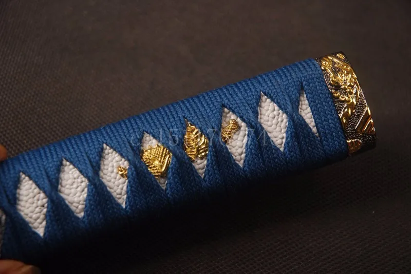Изящная ручка меч фитинг Tsuka синий шелк Ito& Имитация белый Rayskin& сплав Fuchi Кашира для японского Танто хороший подарок