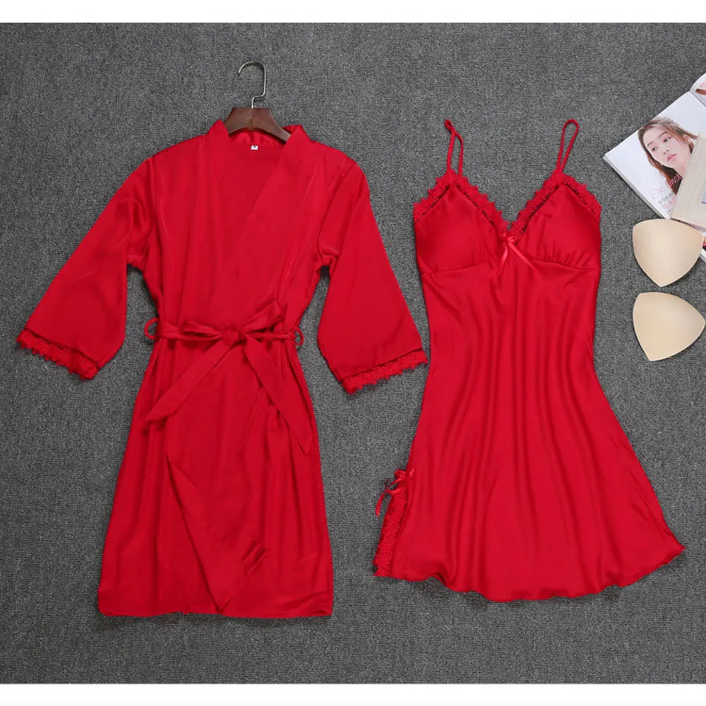 New Women Ladies Sexy Silk Satin Dress Bathrobe Nightgown Sets Lace Kimono Pajamas Lingerie Sleepwear chemise de nuit femme - Цвет: Red