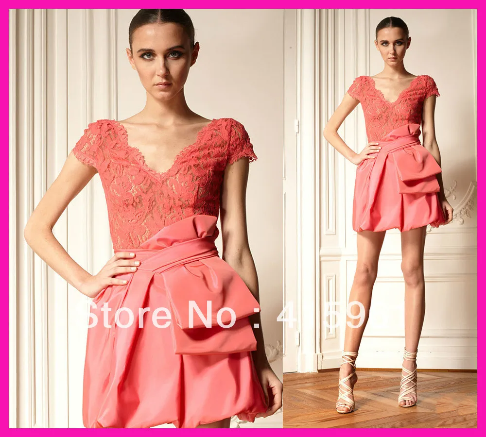 

2014 Zuhair Murad Water Melon Cap Sleeve Lace Short Party Prom Cocktail Dress E4693
