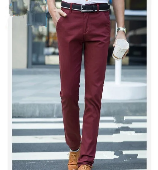Permen warna Slim Fit pria Khaki merah 