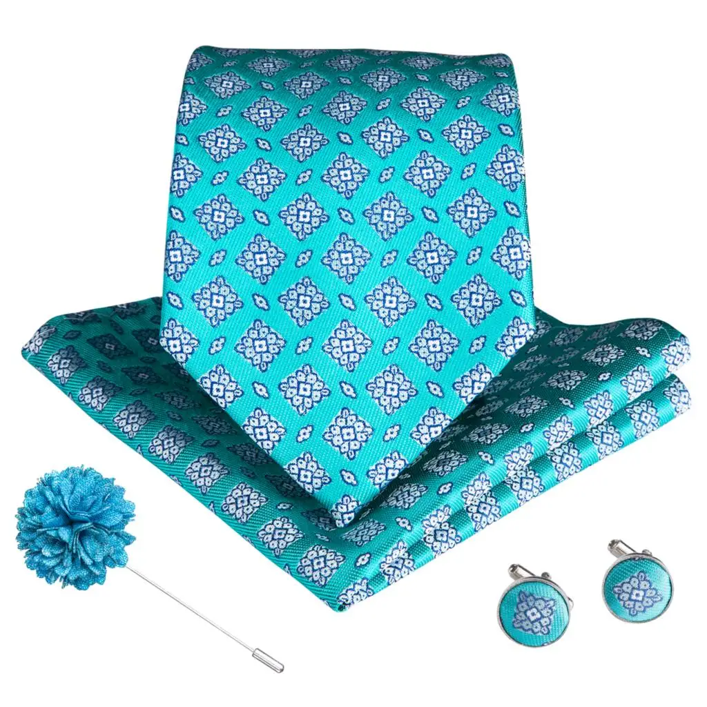 DiBanGu, подарки, галстуки для мужчин, модные, Пейсли, бирюзовый, Свадебный галстук, бутоньерка, шелковый галстук, галстук, платок, запонки, набор, H-001 - Цвет: XH012-7165