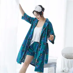 Пикантные Женские Халат + cami Топы + шорты пижамный комплект из трех предметов Короткие штаны летние пижамы Ночная шелкового атласа на