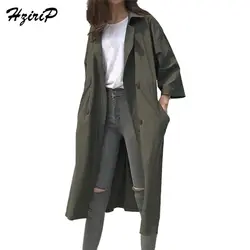 Hzirip модное двубортное длинный плащ пальто Для женщин 2018 Демисезонный новый корейский сплошной свободные Повседневное тонкая ветровка Abrigos