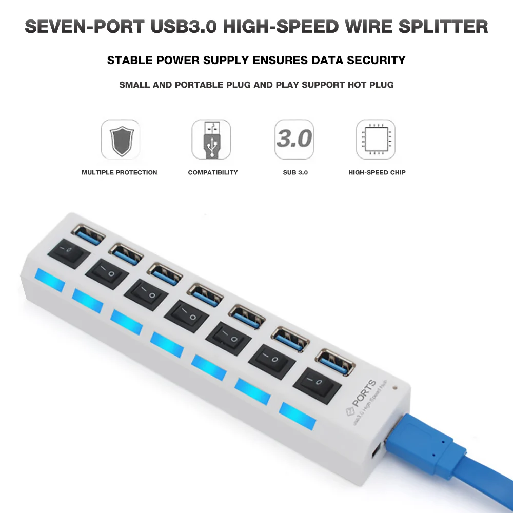 FDBRO usb-хаб 3,0 7 портов Micro USB 3,0 концентратор разветвитель с адаптером питания USB Hab высокоскоростной 480 Мбит/с USB разветвитель 3 хаба для ПК