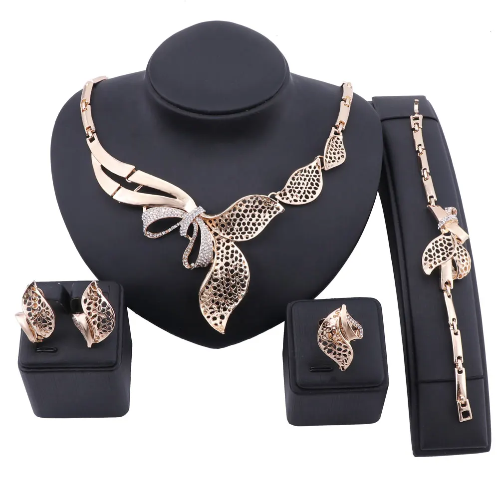 

Fashion Gold Color Crystal Africa Style Necklace Earring Ring Party Dance Jewelry Set For Women Bridal Party Anniversary