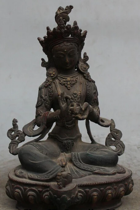

006443 9" Old Tibet Buddhism Bronze Green Tara Kwan-Yin Mahayana Goddess Buddha Statue