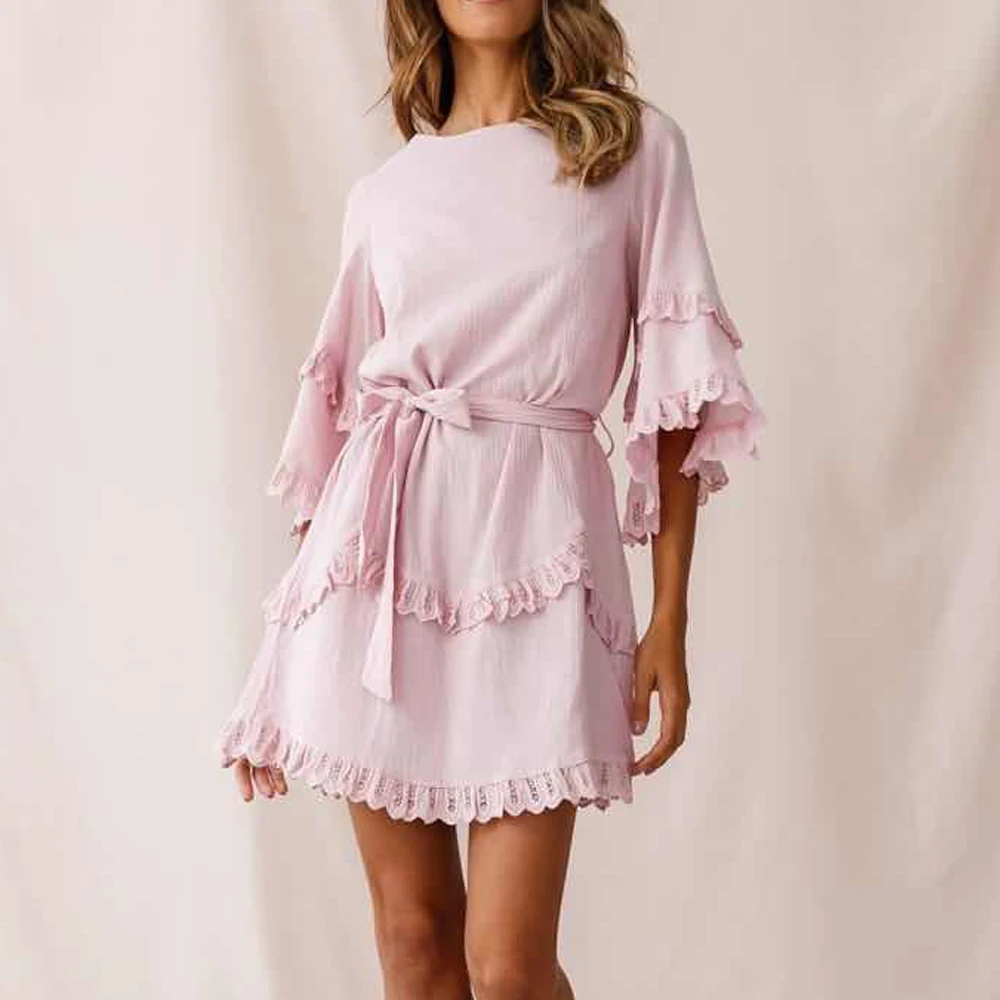 

Tosheiny 2019 Women O Neck Half Sleeve Ruffles Dress Female Backless Elegant Mini Solid Color Dress DM0205