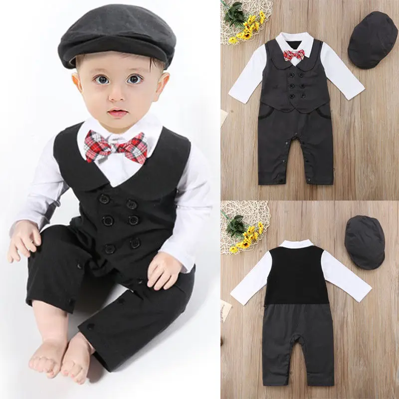 

Newborn Baby Boys Gentleman Formal Suit Bodysuit Bow-knot Jumpsuit Tuxedo Outfit Autumn Clothes One Pieces 3-24 Months