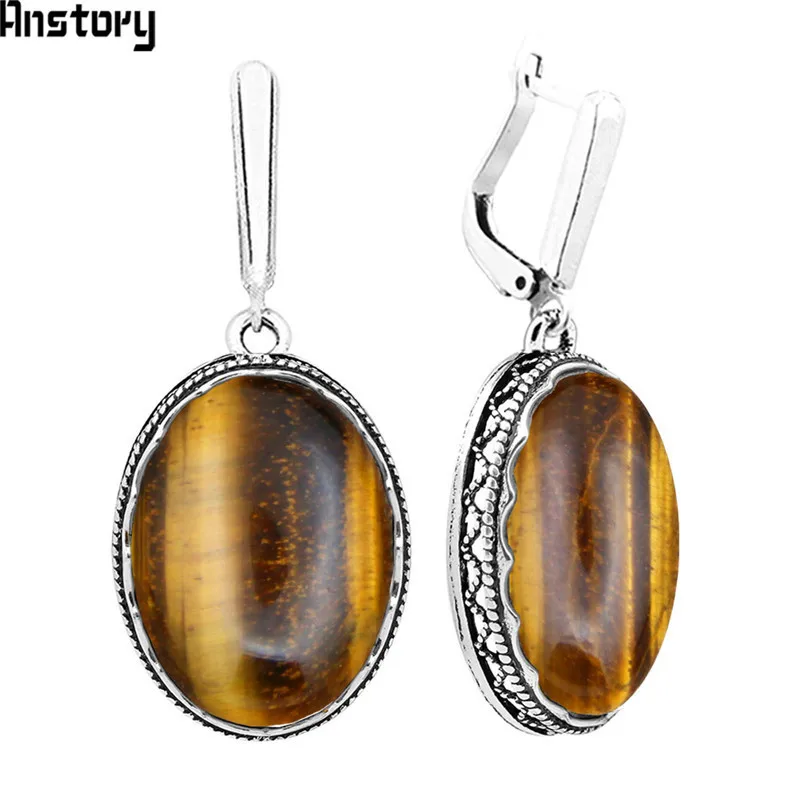 

Natural Tiger Eye Stone Earrings For Women Vintage Antique Silver Plated Jaguar Party Fashion Jewelry TE176