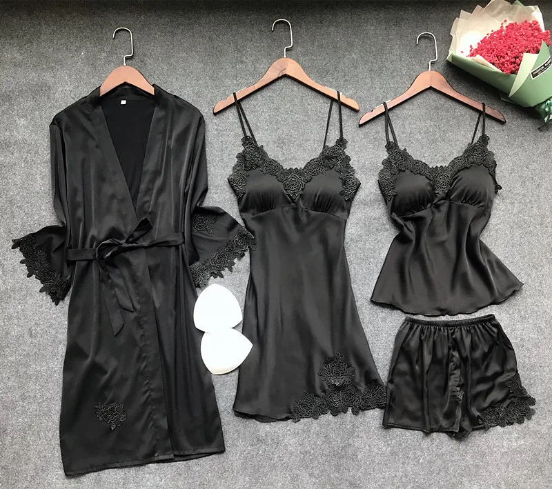 Сексуальный женский халат и платье, комплекты, кружевной Халат+ ночная сорочка, 4 штуки, пижама, Женский комплект для сна, искусственный шелк, женское белье