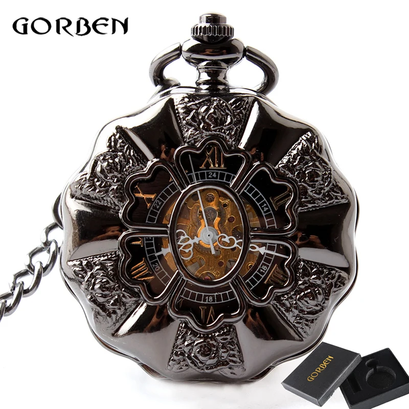 

Vintage mens Steampunk Skeleton Mechanical Pocket watches Retro relojes mecanicos de bolsillo Pocket Fob Watch gift box