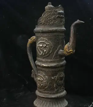 

14" Collect China Old Bronze Silver Gilt Beast Handle Dragon Wine Tea Pot Flagon