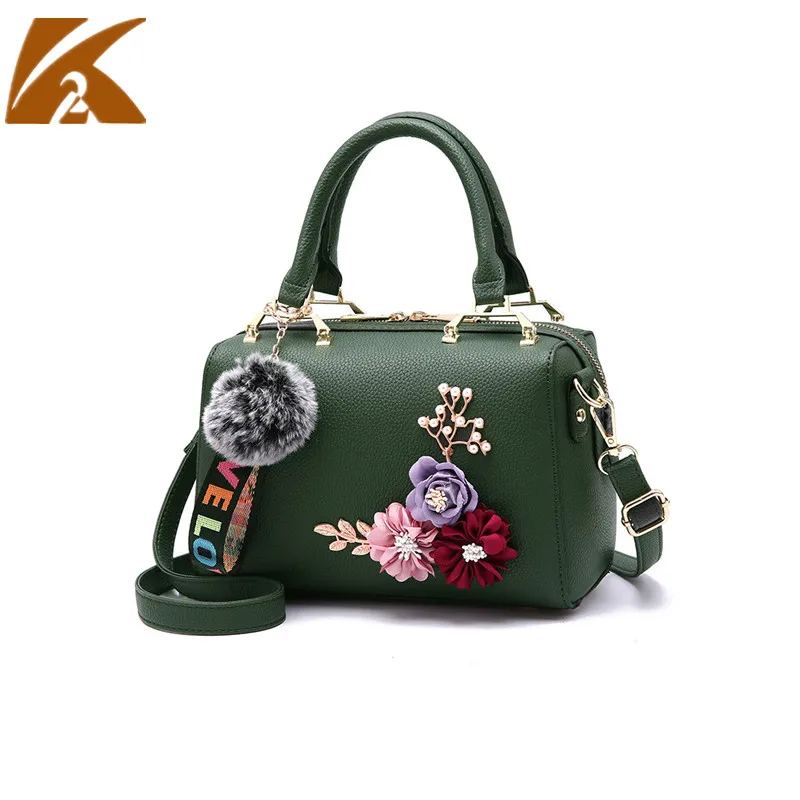 

2020 Boston Fashion Bags Women Leather Handbags Famous Brand Designer 3D Floral Shoulder Bag Ladies Casual Work Tote Bag Green