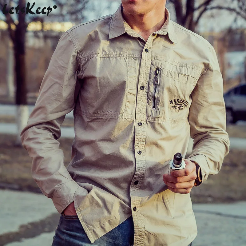 Letskeep A mens military shirt zipper pocket men long sleeve shirts