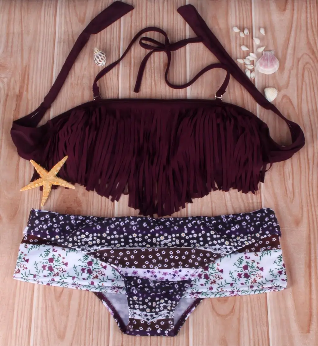 Sexy Tassels Purple Brazilian Bikini For Women 2017 Bandeau Necks Two-Piece Suit  Floral Print Bodysuit Maillot De Bain Femme