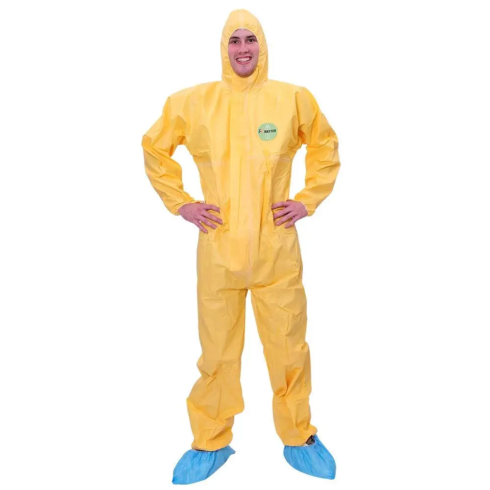 

Raytex Yellow Disposable Chemical Protection Coveralls with Hood Elastic Cuffs Serged Seam Front Zipper Closure Suits for Hazard