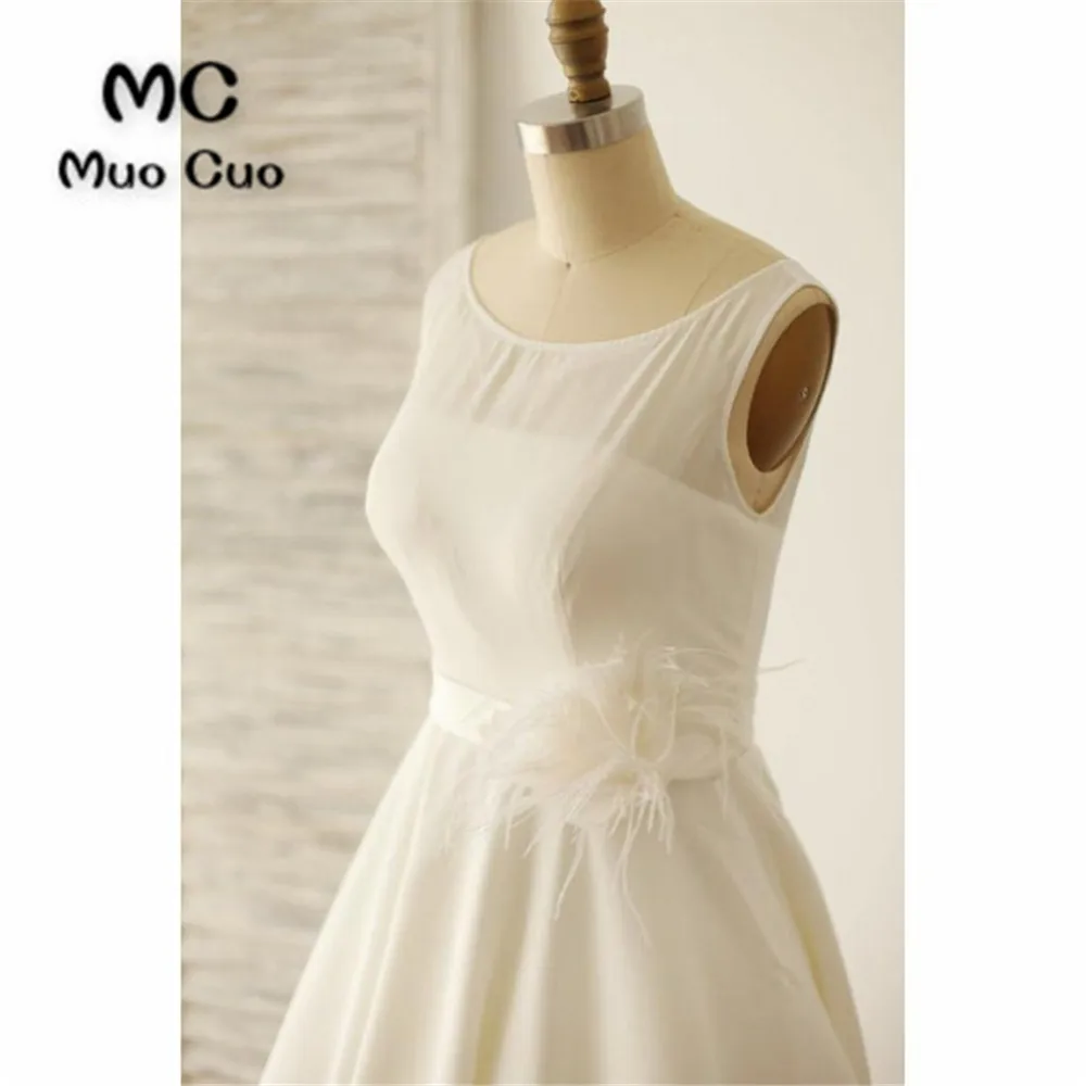 Ivory Illusion Boat Neck Tea Length Sleeveless Wedding Dresses3