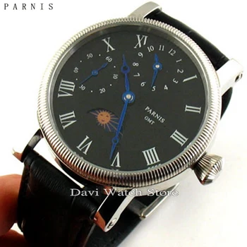 

Parnis 43mm Black embossed dial Luxury GMT Hand Winding 6497 Mens Watches