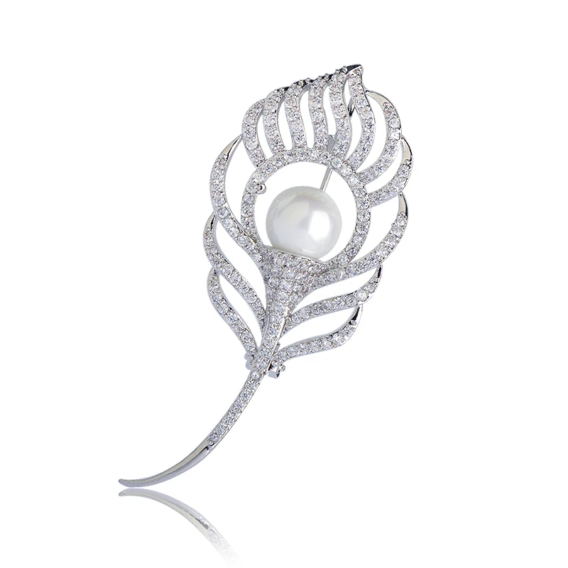 Blucome High Imitation Pearl Brooch Rhinestone Copper Broach For Women Feather Broche Party Dress Decoration Charm Pins Clips uk