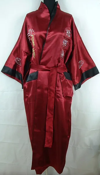 Темно-синий Реверсивный Двуликий китайских Для мужчин шелковый атлас халат Вышивка кимоно Ванна платье Дракон один размер S0006 - Цвет: burgundy