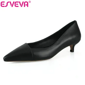 

ESVEVA 2019 Women Pumps Thin Low Heel PU Patent Leather Pointed Toe Spring Classic Slip On Platform Shoes Slip on Size 34-41