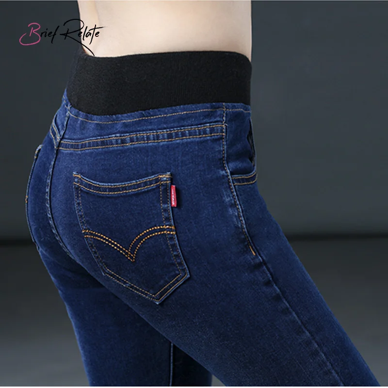 

Brief Relate Stretch Washed Jeans Woman Skinny Pencil Pants Elastic High Waist Denim Jeans Dark Blue Casual Wear High Quality