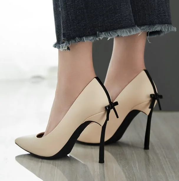 

Bow Ties Back Decoration Big Size Hot Woman Simple Style Sheep Skin Stiletto Heels Slip On Dress Party Pumps Pointed Toe Shoes