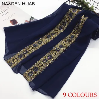 

New Chiffon a pearl hijab fashionable thin style sprinkles gold belt with sequined shawl Muslim women's head scarves bandan