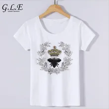 

Geleier 2018 new summer tshirt fashion high quality short-sleeved T-shirt women handmade beaded crown bee sequins women t-shirts