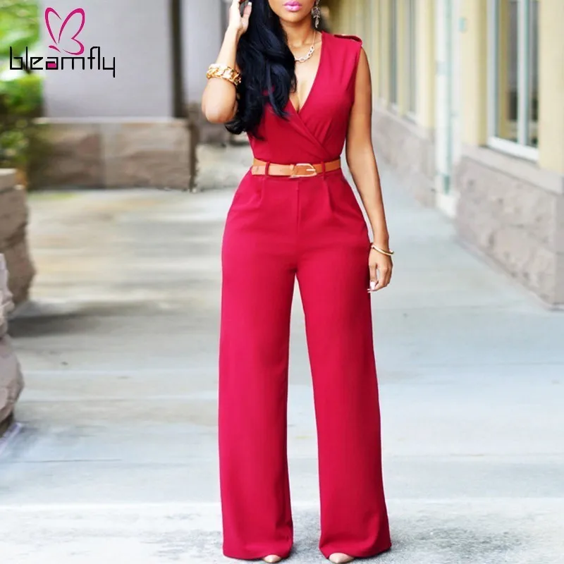 

Women Sexy V-neck Loose Wide Leg Pants Summer Jumpsuit Casual Rompers Overalls For Female Elegant Work Office Playsuit Overalls
